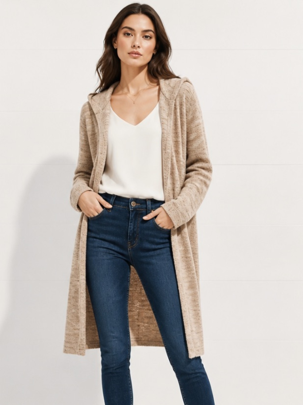 CHICOāS Cardigan Sweater Metallic Open Midi Tunic Hoodie Gold Tan Career